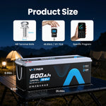 12V 600Ah LiFePO4 battery size with M8 terminals and 107.7 lb weight