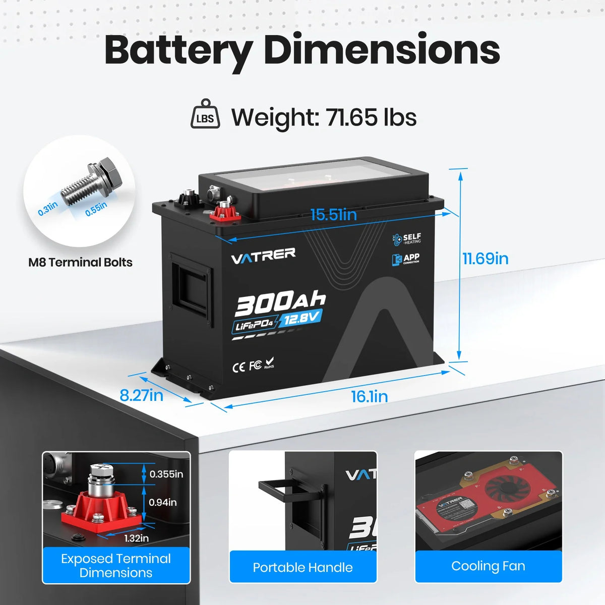 Vatrer 300Ah RV battery dimensions with handle and cooling fan