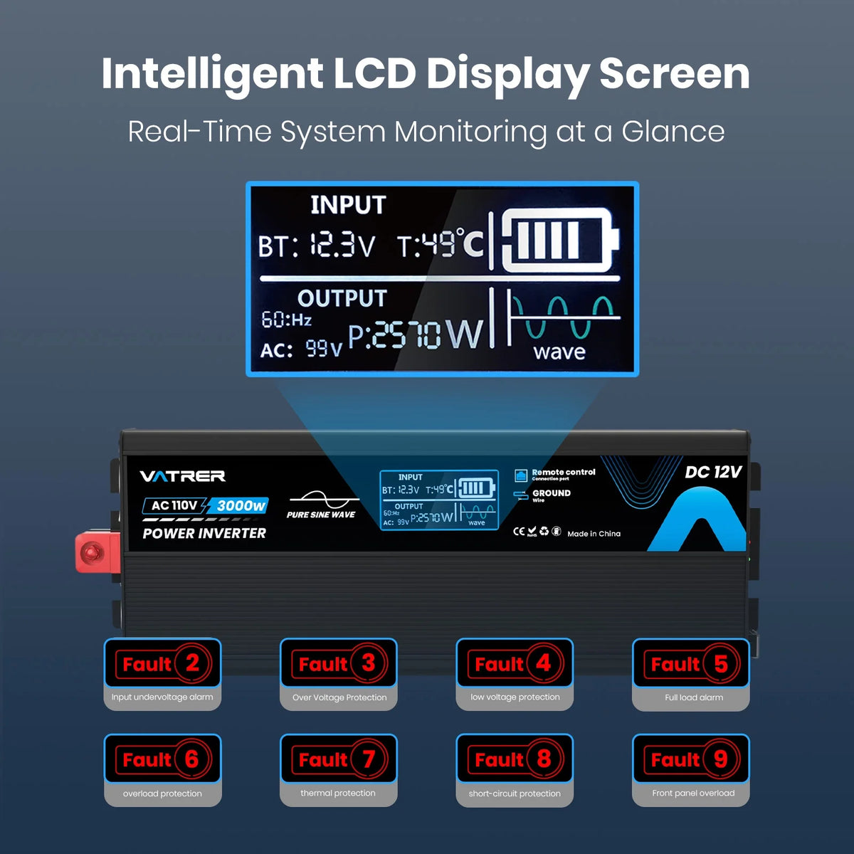 Vatrer 3000W Pure Sine Wave Inverter Built-in LCD Display Screen