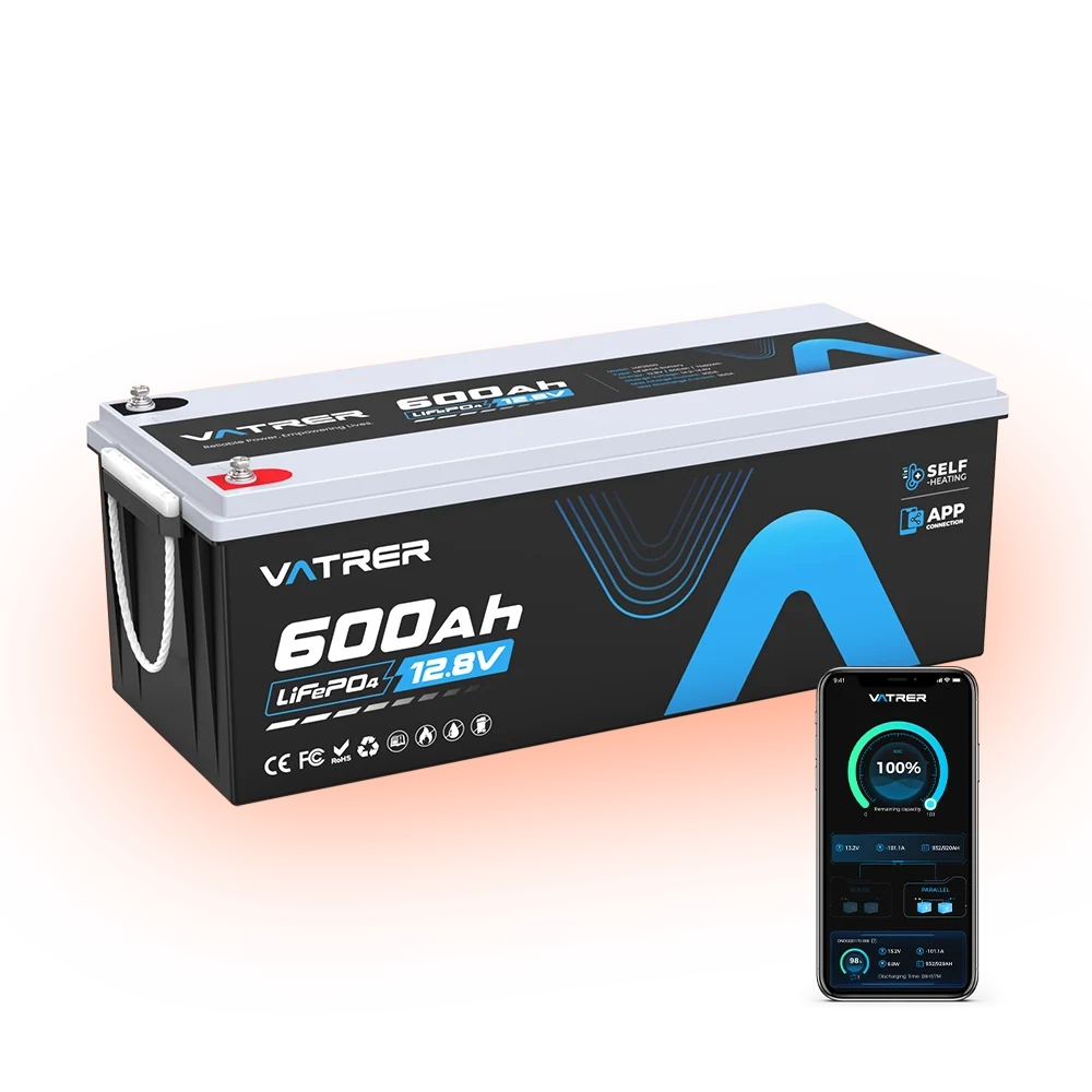 Vatrer 12V 600Ah Bluetooth lithium battery with self-heating and app monitoring