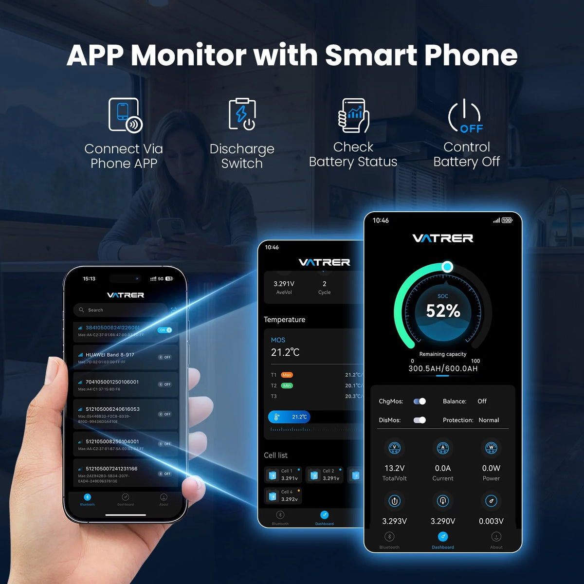 12V 600Ah Bluetooth lithium battery with smartphone battery monitoring app