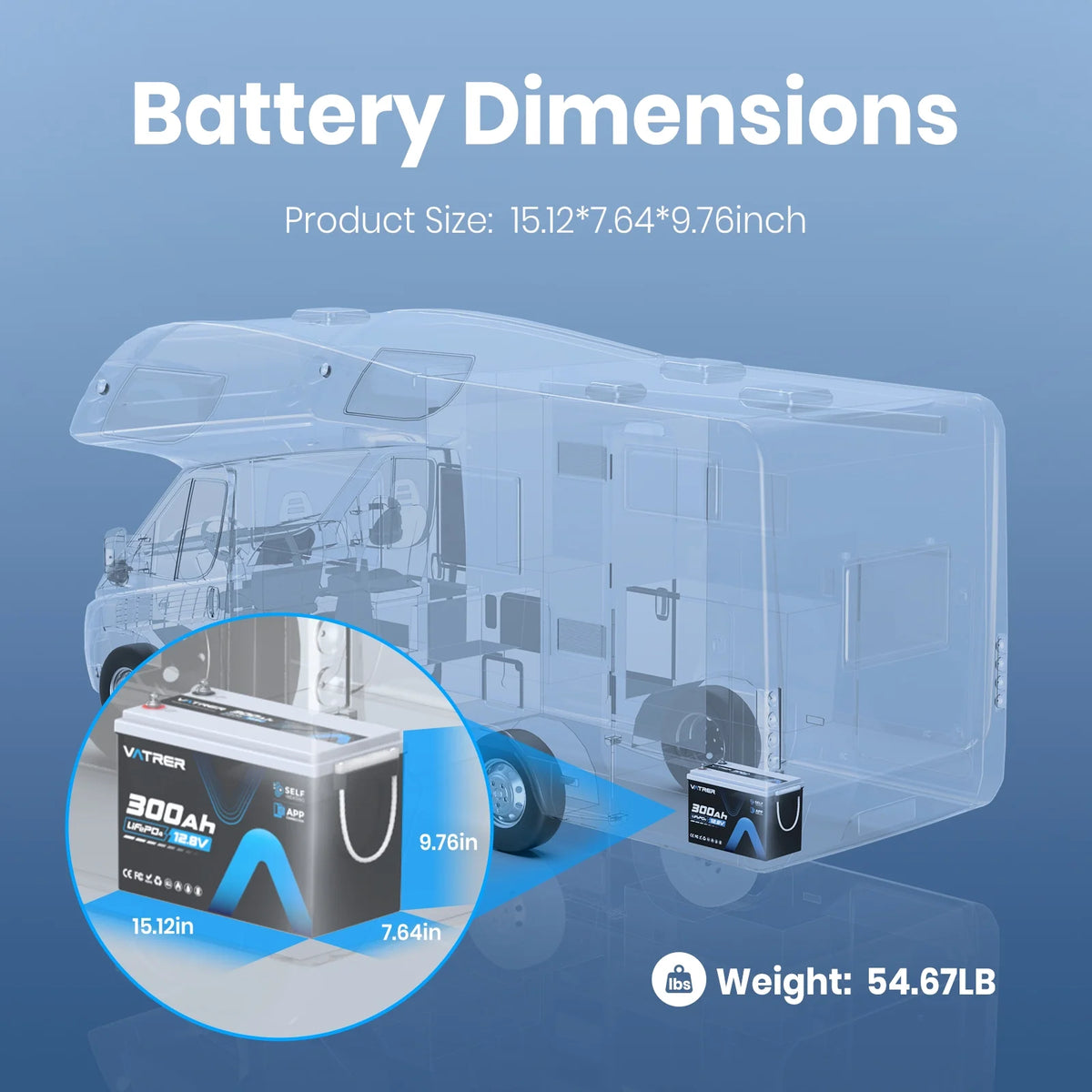 Vatrer 300Ah LiFePO4 battery dimensions and weight for RV installation